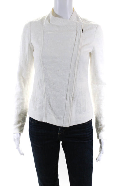 Vince Womens Cotton Zipped Collared Textured Long Sleeve Jacket White Size 2XS