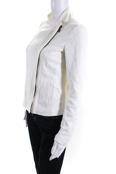 Vince Womens Cotton Zipped Collared Textured Long Sleeve Jacket White Size 2XS