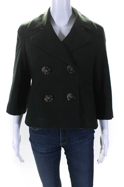 Theory Womens 3/4 Sleeve Double Breasted Collared Coat Green Wool Size Small