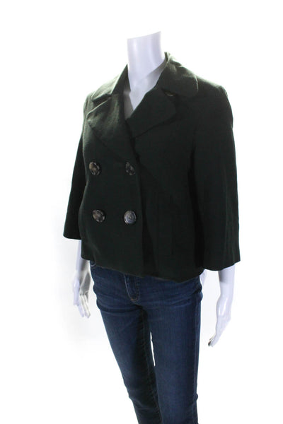 Theory Womens 3/4 Sleeve Double Breasted Collared Coat Green Wool Size Small