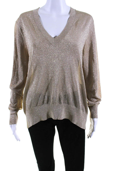 Michael Michael Kors Womens V Neck Metallic Knit Sweatshirt Gold Tone Medium