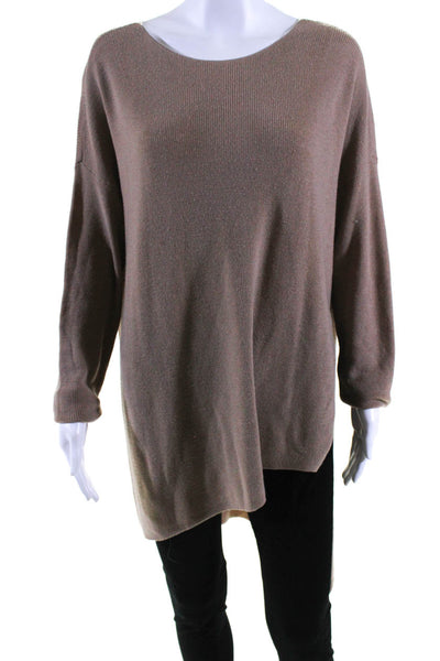 Eileen Fisher Womens Scoop Neck Ribbed High Low Sweater Brown Wool Size Small