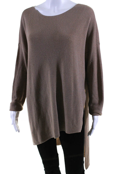 Eileen Fisher Womens Scoop Neck Ribbed High Low Sweater Brown Wool Size Small