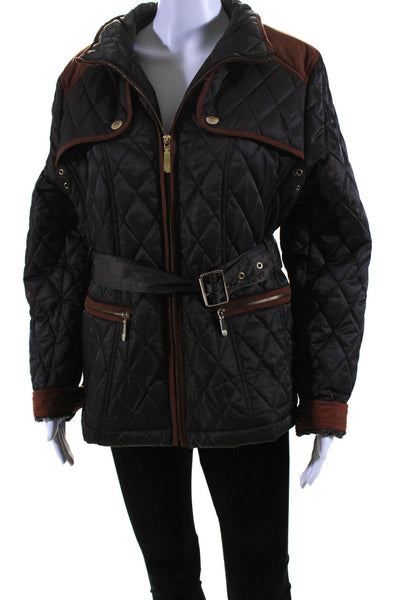 Vince Camuto Womens Front Zip Collared Quilted Belted Jacket Brown Size XL