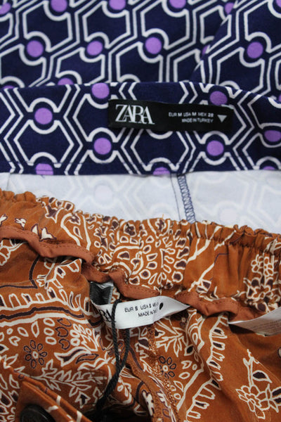 Zara Womens Elastic Waist Paisley Geometric Pants Brown Navy Small Medium Lot 2