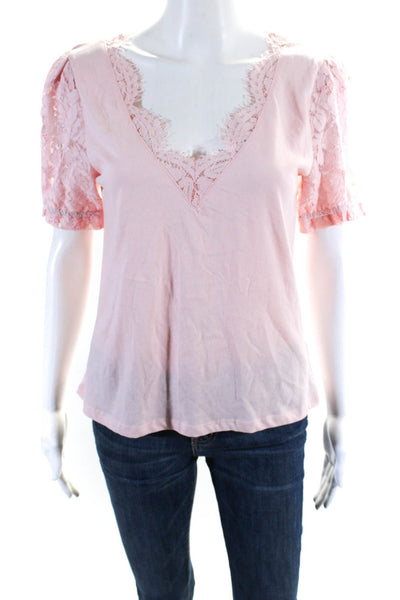 Generation Love Womens Cotton Lace Trim Short Sleeve V-Neck Shirt Pink Size XS