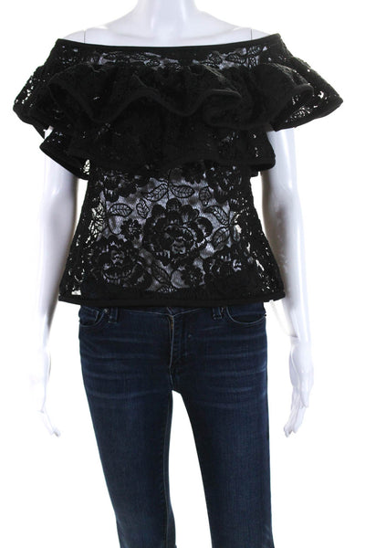 Alexis Womens Crochet Ruffled Short Sleeves Cropped Blouse Black Size Small