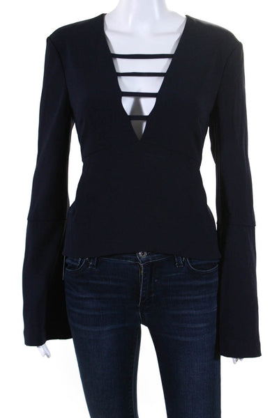 Intermix Womens Long Sleeves V Neck Peplum Blouse Navy Blue Size Medium