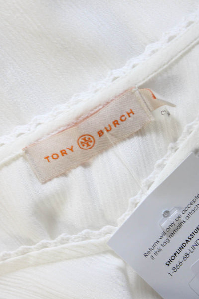 Tory Burch Womens Lace Short Sleeve V Neck Drawstring Tunic Blouse White Small