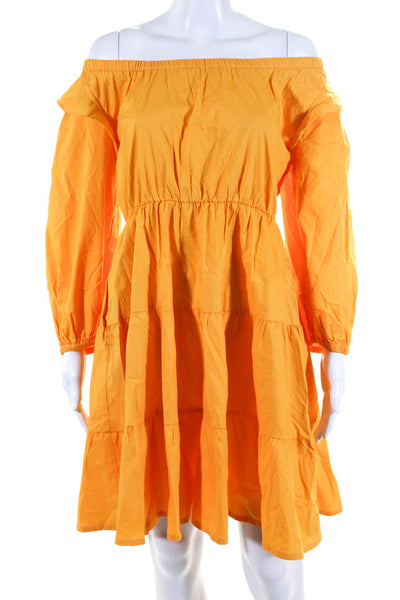 Rachel Parcell Womens Poplin Ruffle Puff Sleeve Elastic A Line Dress Orange Sz 0