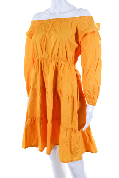 Rachel Parcell Womens Poplin Ruffle Puff Sleeve Elastic A Line Dress Orange Sz 0