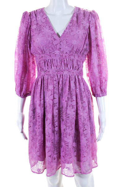 Rachel Parcell Womens Puff Sleeve Lace V Neck A Line Dress Pink Size 0