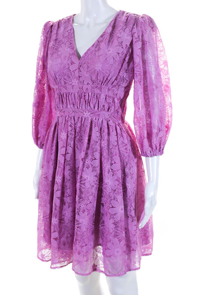 Rachel Parcell Womens Puff Sleeve Lace V Neck A Line Dress Pink Size 0