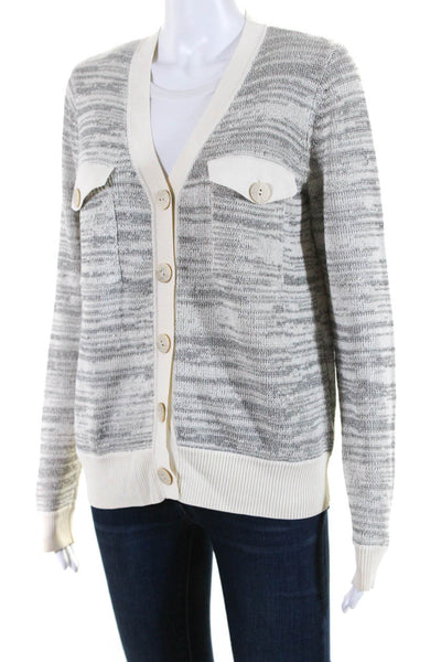 529 Womens Tight-Knit Long Sleeve V-Neck Button Down Cardigan White Gray Size 1