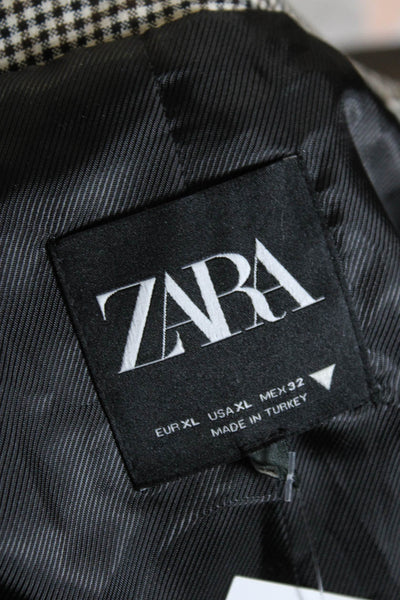 Zara Womens Check Print Notched Lapel 2 Button Blazer Jacket White Black Size XL