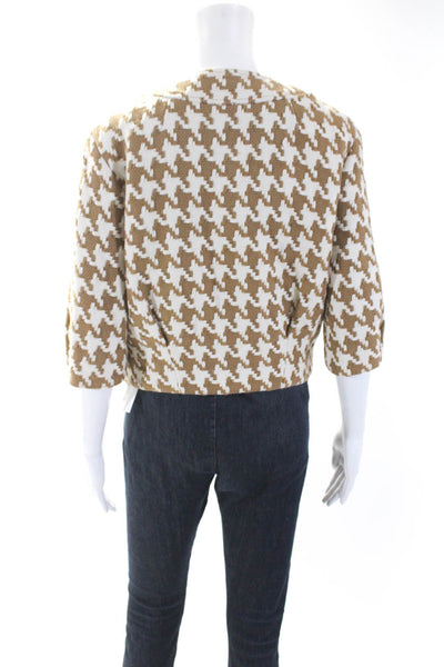 Michael Michael Kors Womens 3/4 Sleeve Knit Houndstooth Jacket Brown White Small