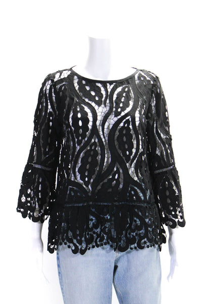 Shoshanna Womens Crochet Flare Long Sleeves Cut Out Blouse Black Size Medium