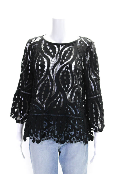 Shoshanna Womens Crochet Flare Long Sleeves Cut Out Blouse Black Size Medium