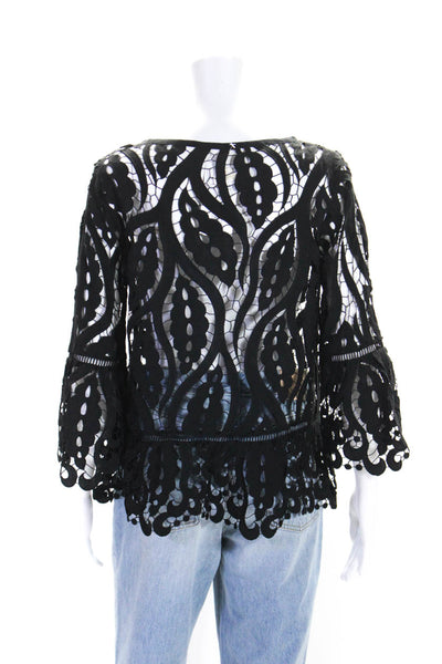 Shoshanna Womens Crochet Flare Long Sleeves Cut Out Blouse Black Size Medium