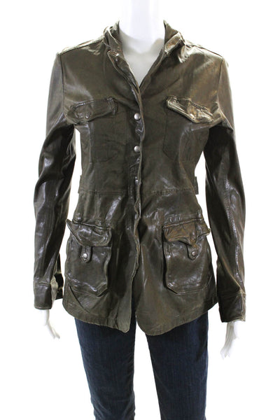 C'est Fini Womens Leather Snap Button Collar Long Sleeve Jacket Green Size XS