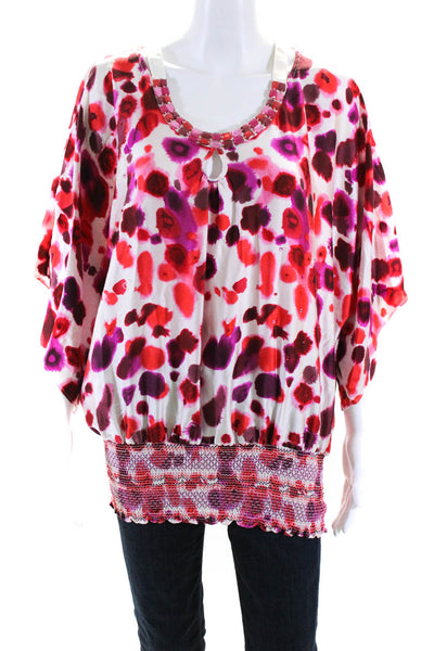 Love Token Womens Printed Satin Rhinestone Dolman Sleeve Blouse White Red XS