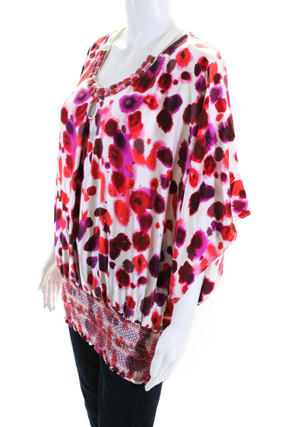 Love Token Womens Printed Satin Rhinestone Dolman Sleeve Blouse White Red XS