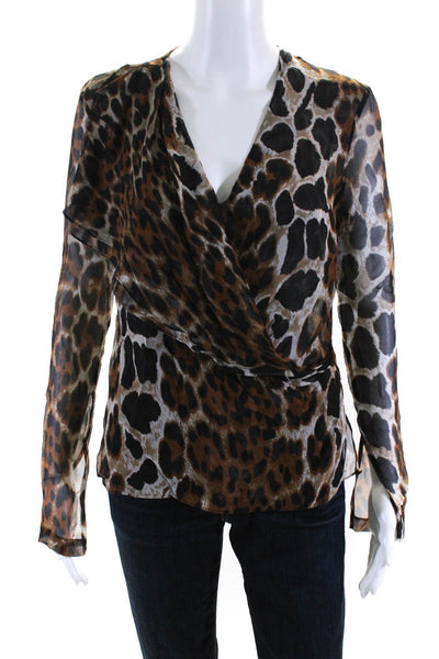 Robert Rodriguez Womens Leopard Print Long Sleeve V Neck Top Blouse Brown Size 2