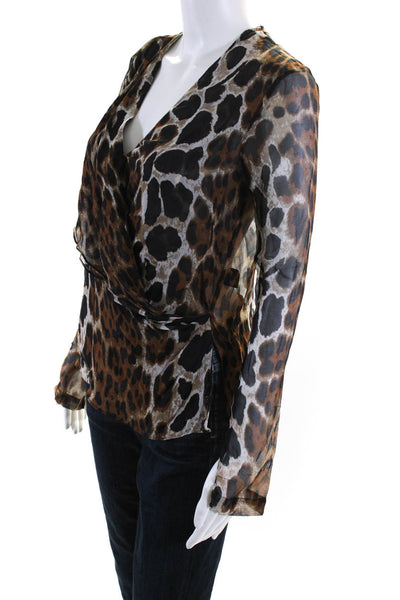 Robert Rodriguez Womens Leopard Print Long Sleeve V Neck Top Blouse Brown Size 2