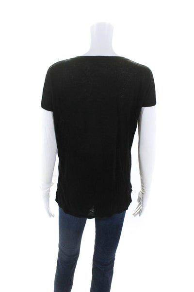 Vince Womens Long Sleeve Open Knit Round Neck Top Black White Linen Size XS