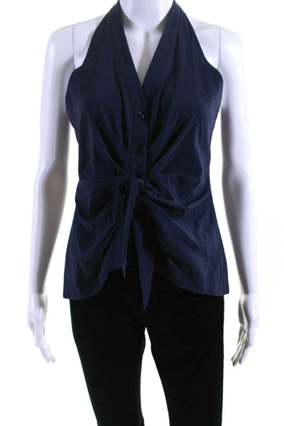 Drew Womens Navy Blue Cotton V-Neck Button Tie Front Sleeveless Blouse Top SizeS