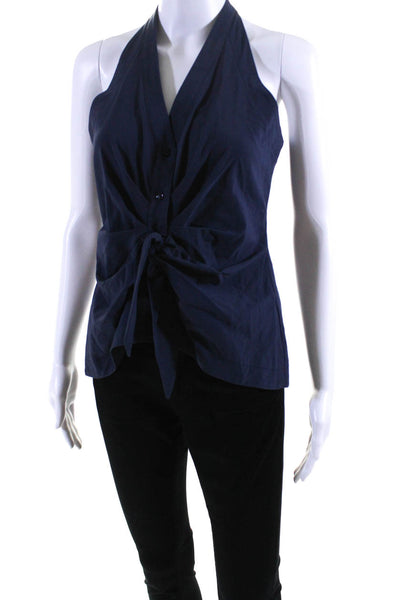 Drew Womens Navy Blue Cotton V-Neck Button Tie Front Sleeveless Blouse Top SizeS