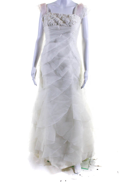 Pronovias Womens Tiered Organza Sleeveless Wedding Dress Gown White Pink Size 10