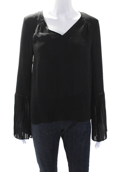 Ramy Brook Womens Solid Black Silk V-Neck Bell Long Sleeve Blouse Top Size S