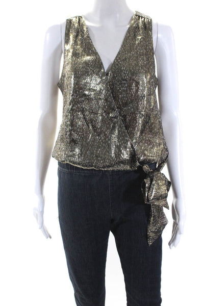 Ramy Brook Womens Gold Black V-Neck Tie Front Sleeveless Blouse Top Size S