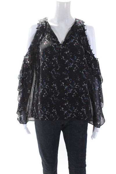 Tanya Taylor Womens Black Silk Floral V-Neck Cold Shoulder Blouse Top Size 6