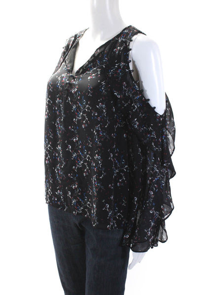 Tanya Taylor Womens Black Silk Floral V-Neck Cold Shoulder Blouse Top Size 6