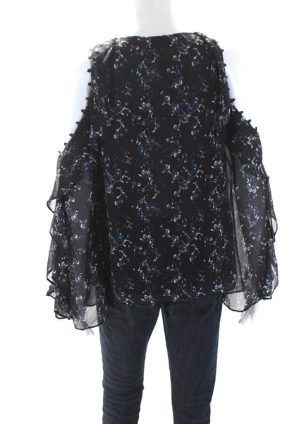 Tanya Taylor Womens Black Silk Floral V-Neck Cold Shoulder Blouse Top Size 6