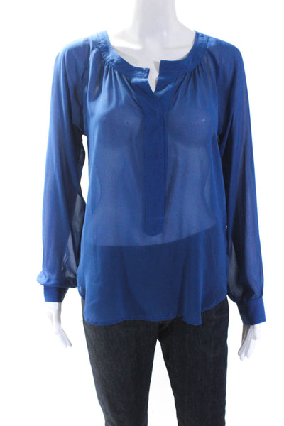 Sattion J. Krucaid Indah Womens Blue Sheer V-Neck Long Sleeve Blouse Top Size S