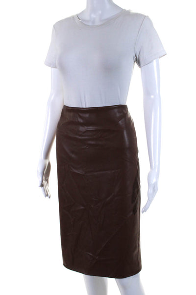 Theory Women's Zip Closure Slit Hem Faux Leather A-Line Midi Skirt Brown Size 12