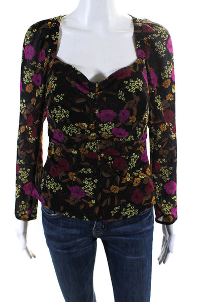 ASTR Womens Floral Print Long Sleeves Blouse Black Multi Colored Size Small