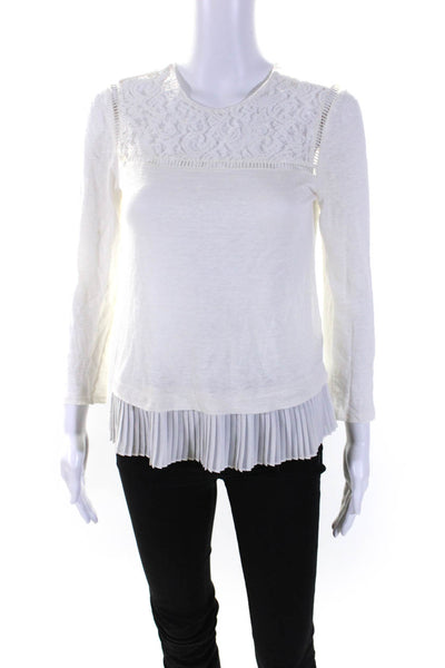 Rebecca Taylor Women's Round Neck Lace Trim Long Sleeves Blouse White Size XS