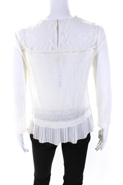 Rebecca Taylor Women's Round Neck Lace Trim Long Sleeves Blouse White Size XS