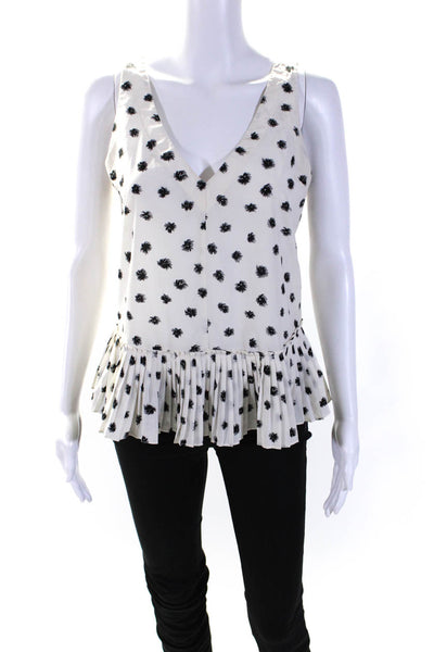 Rebecca Taylor Women's V-Neck Sleeveless Ruffle Silk Blouse White Black Size 2