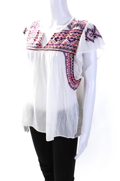 Calypso Saint Barth Womens Round Neck Cap Sleeve Embroidered Blouse White Size M