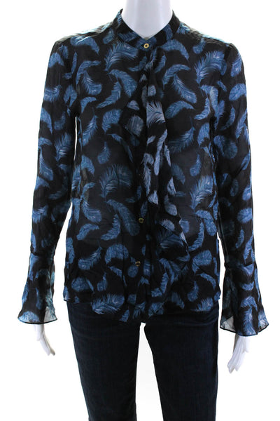 Rachel Zoe Womens Feather Long Sleeve Button Up Top Blouse Black Blue Size 0