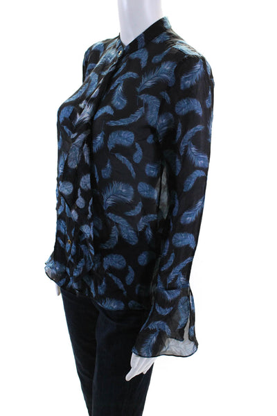 Rachel Zoe Womens Feather Long Sleeve Button Up Top Blouse Black Blue Size 0