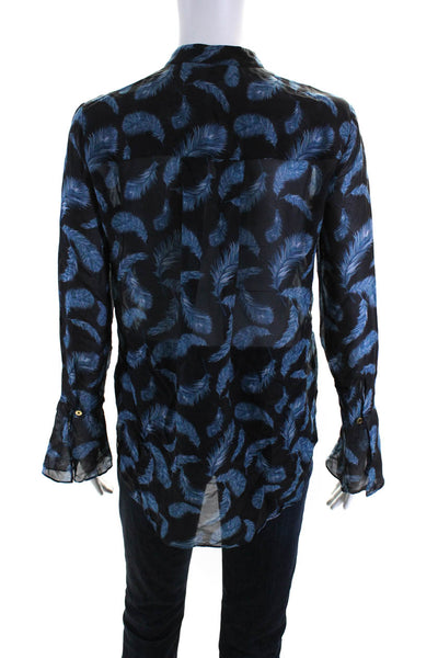 Rachel Zoe Womens Feather Long Sleeve Button Up Top Blouse Black Blue Size 0