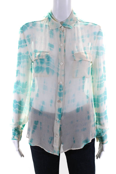Gypsy 05 Womens Long Sleeve Tie Dye Button Up Top Blouse Turquoise White Size XS