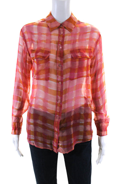 Equipment Femme Womens Check Button Up Shirt Blouse Pink Orange Size XS