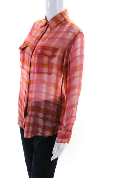 Equipment Femme Womens Check Button Up Shirt Blouse Pink Orange Size XS